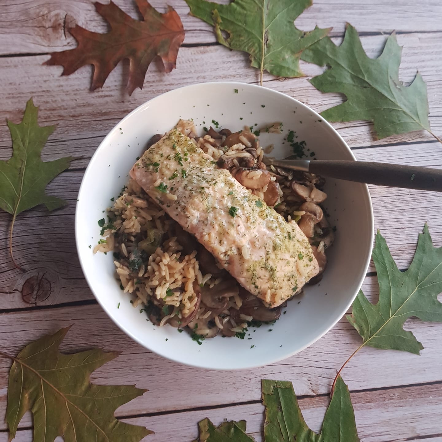 Risotto met champignons en zalm